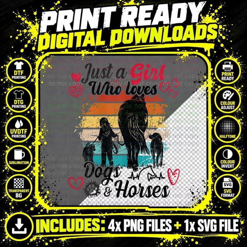 Vintage Just a Girl Who Loves Dogs & Horses Horseback Png SVG Digital Bundle