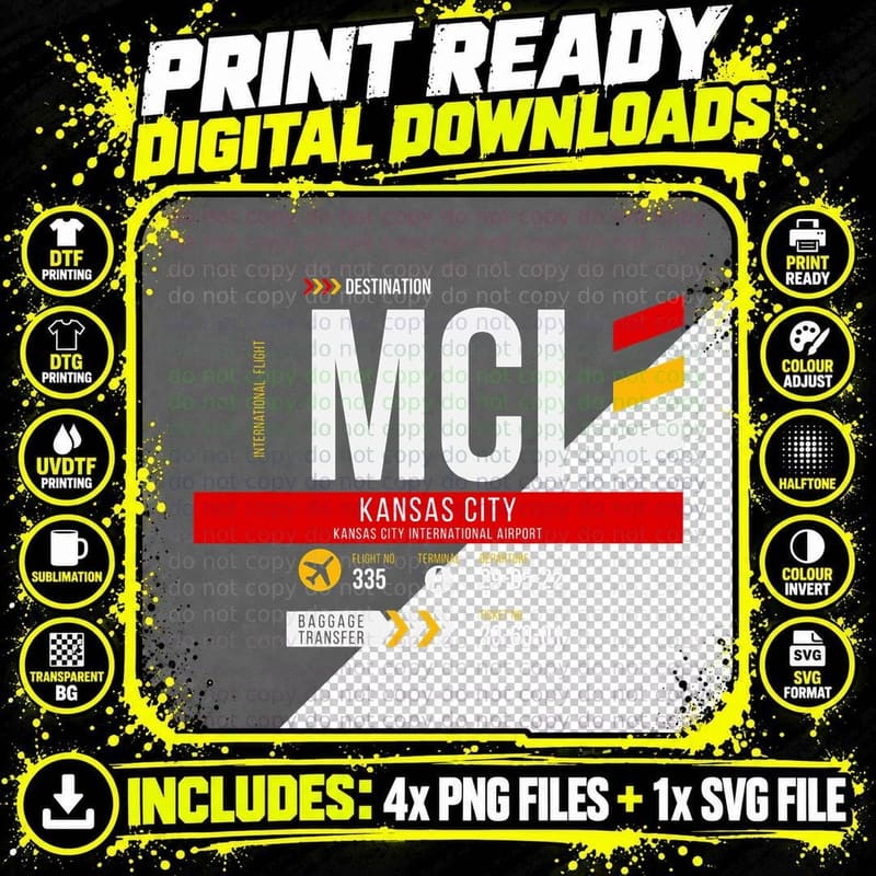 Vintage Kansas City MCI Airport Code Travel Day Retro Png SVG Digital Bundle