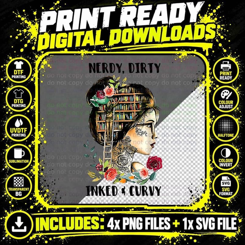 Vintage Nerdy Dirty Inked Curvy Girl Tattoo Reading Png SVG Digital Bundle