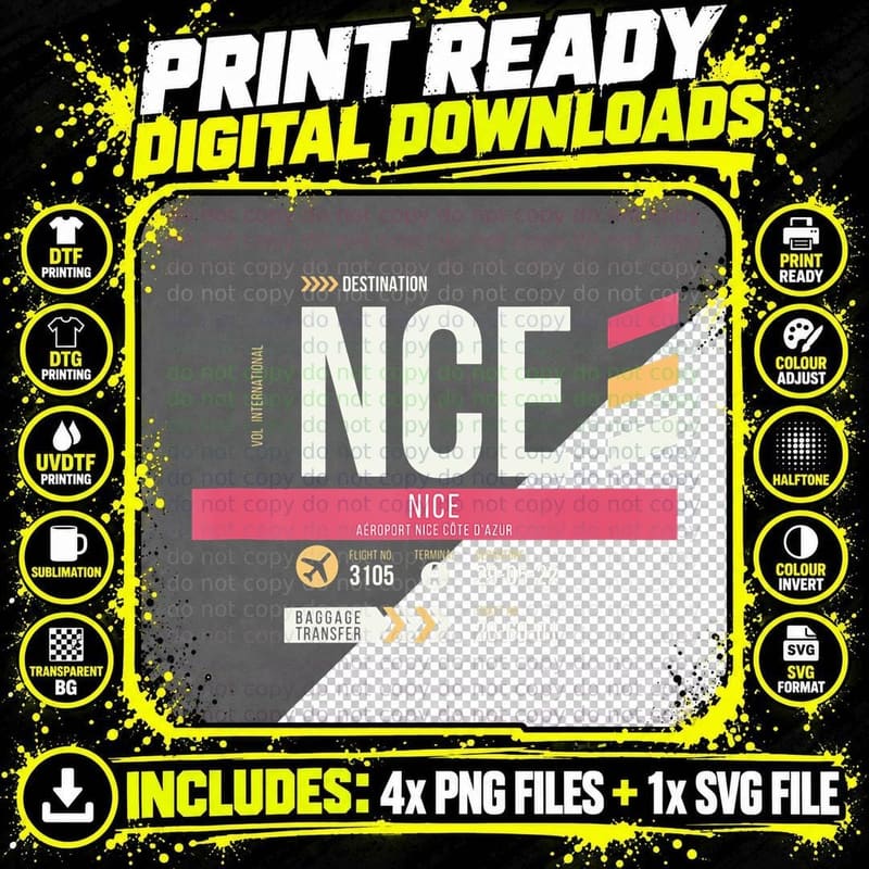 Vintage Nice NCE Airport Code Retro Travel Day France Png SVG Digital Bundle