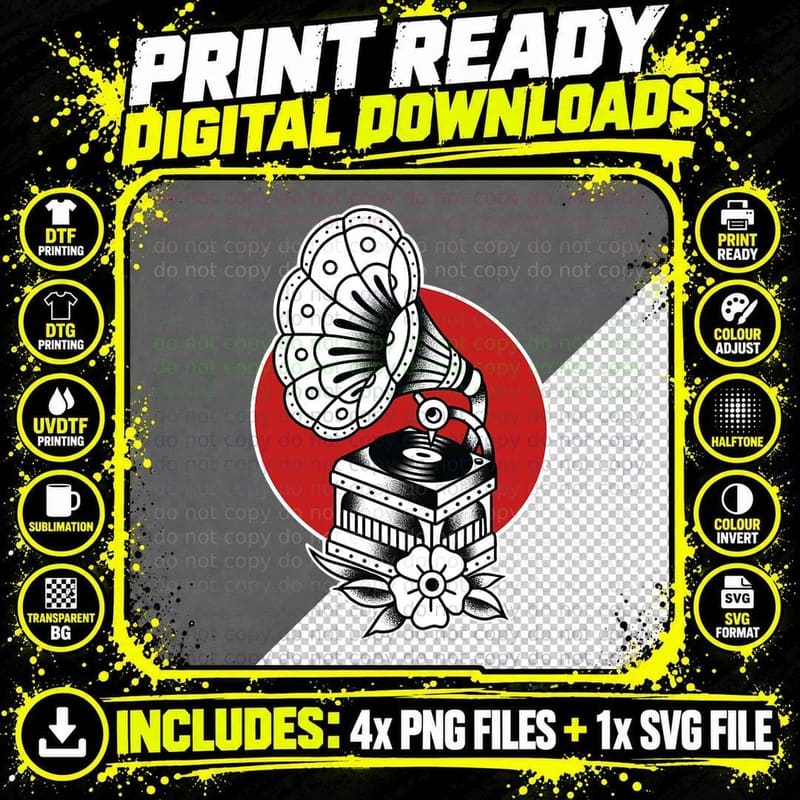 Vintage Record Player Traditional Tattoo Art Png SVG Digital Bundle