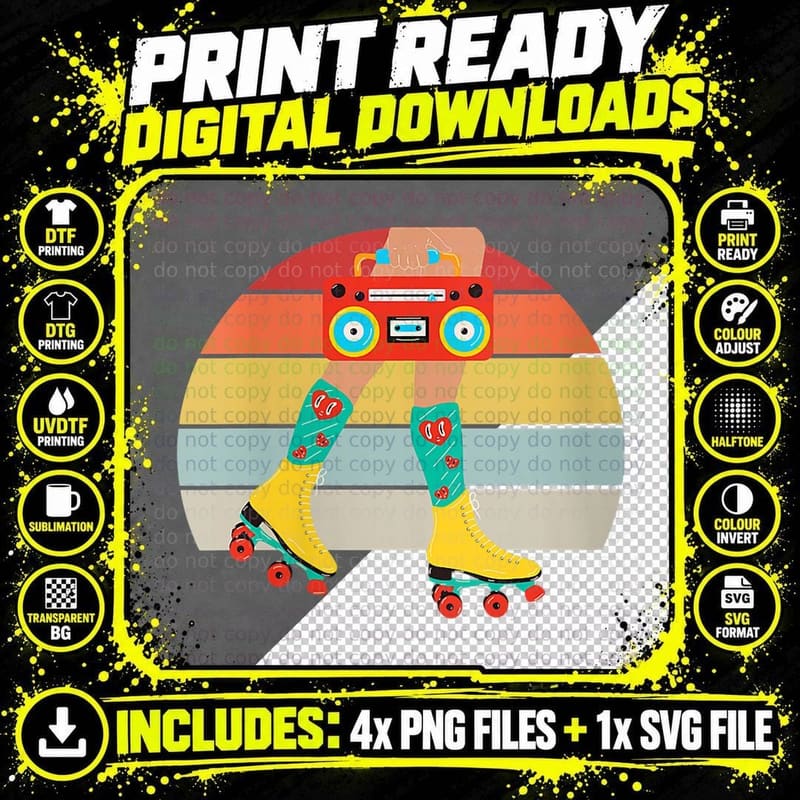 Vintage Retro 80's Rollerskates Roller Skating Disco 90 Png SVG Digital Bundle