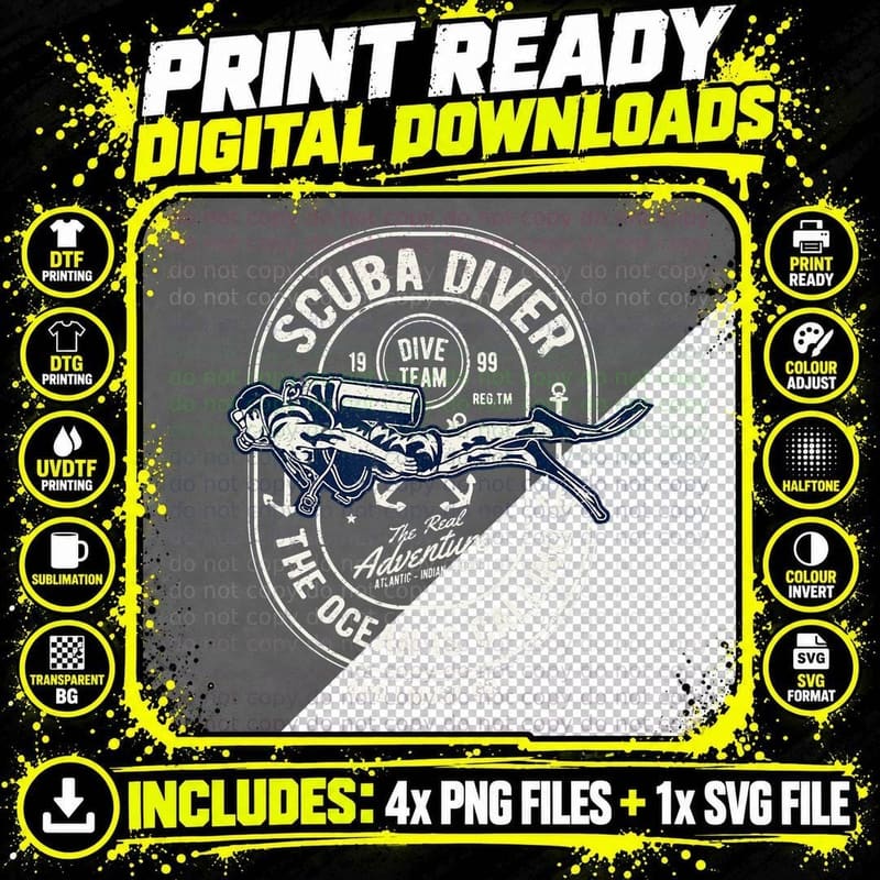 Vintage Retro Diver Distressed Scuba Diving Png SVG Digital Bundle
