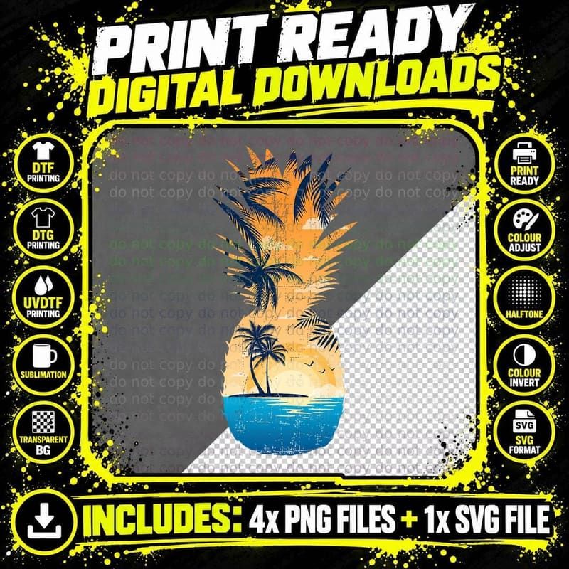 Vintage Retro Pineapple Hawaiian for Women Men Png SVG Digital Bundle