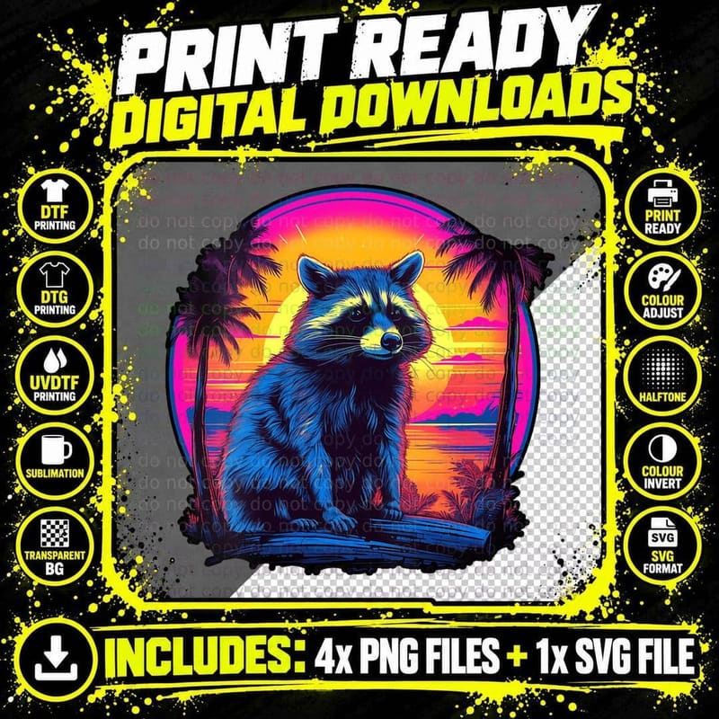 Vintage Retrowave Synthwave 80s Vaporwave Raccoon Png SVG Digital Bundle