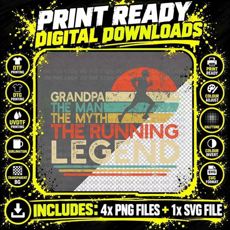 Vintage Running Grandpa Man Myth Legend Marathon Runner Png SVG Digital Bundle