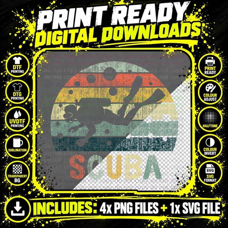 Vintage Scuba Diving Retro Diving Sport Fathersday Scuba Png SVG Digital Bundle