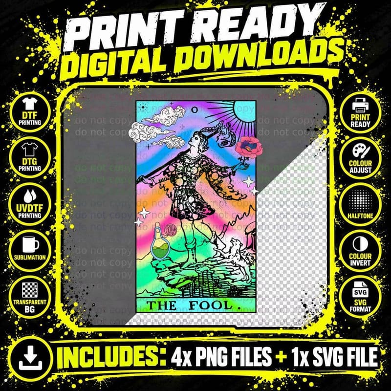 Vintage Tarot Card Fool Groovy Trippy Hippie Retro Png SVG Digital Bundle