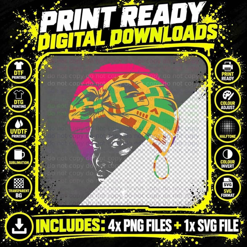 Vintage Vaporwave Afro Woman Wearing a Kente Cloth Head Png SVG Digital Bundle