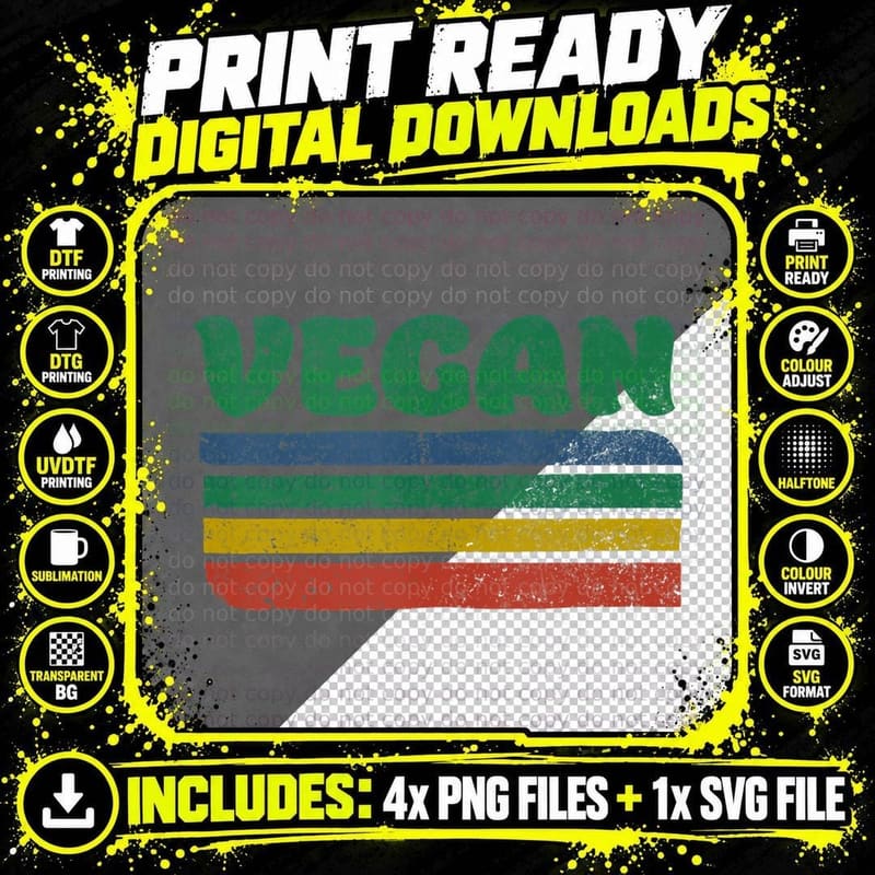 Vintage Vegan Distressed Vegan Rainbow Lines Retro 70s Png SVG Digital Bundle
