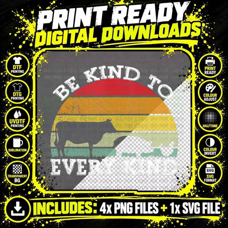 Vintage Vegetarian Be Kind to Every Kind Vegan Png SVG Digital Bundle