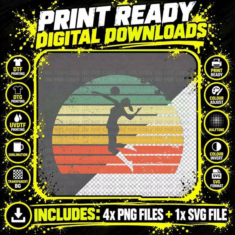 Vintage Volleyball Shirt Retro Girl Jump Silhouette Png SVG Digital Bundle
