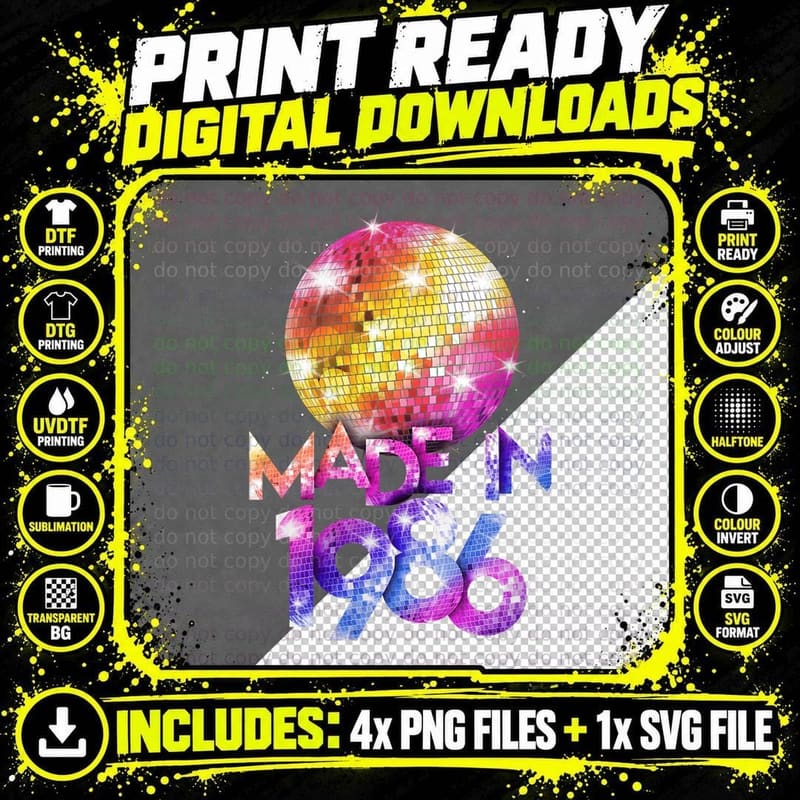 Women 80s Birthday Retro Disco Vibes 1986 Png SVG Digital Bundle