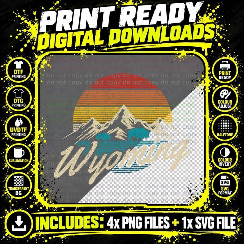 Wyoming Vintage Mountains Bison American Buffalo Gift Png SVG Digital Bundle