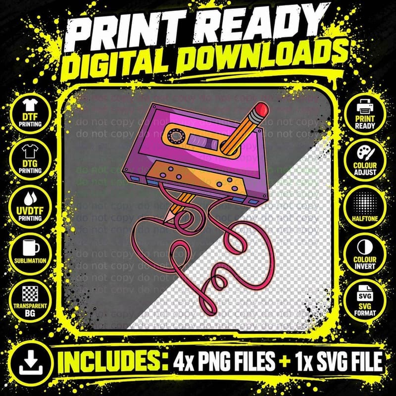 80s Cassette Tape Pencil 1980s Retro Vintage Throwback Png SVG Digital Bundle
