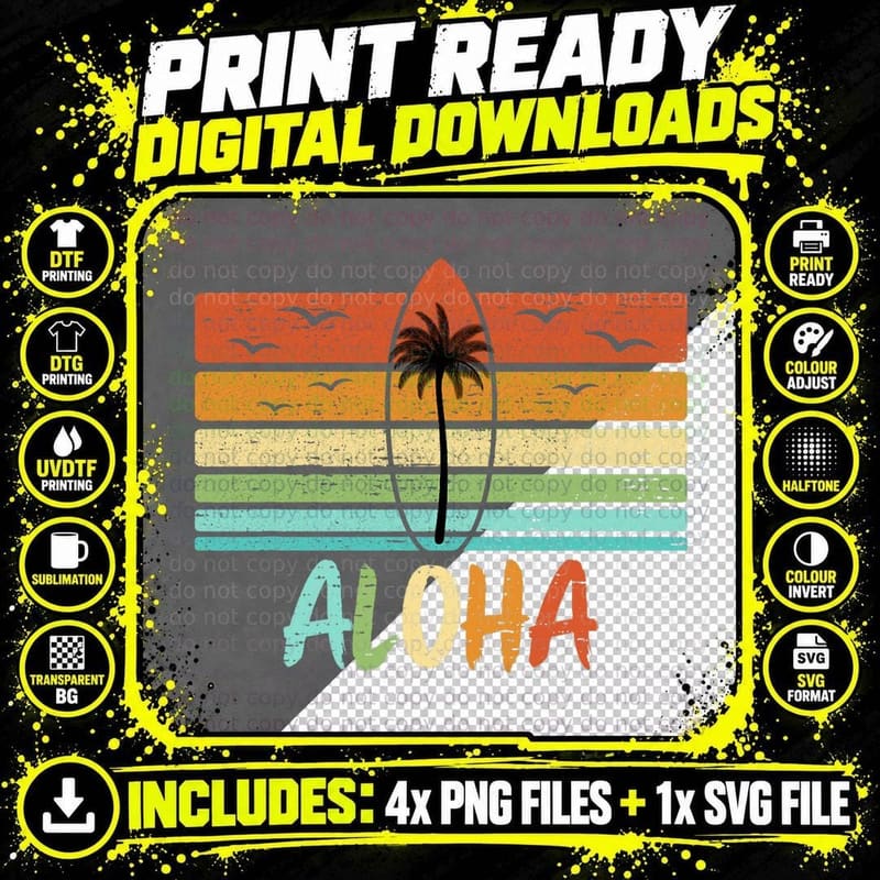 Aloha Hawaii Retro Beach Palm Tree Surfboard Vintage Png SVG Digital Bundle