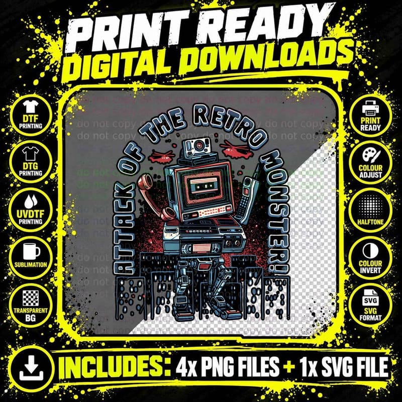 Attack of the Retro Monster Neon Robot Vintage Sci-Fi Png SVG Digital Bundle