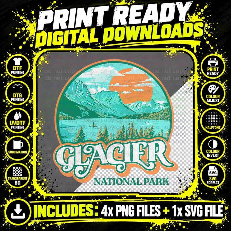 Glacier National Park Montana Retro 80's Chill Graphic Png SVG Digital Bundle