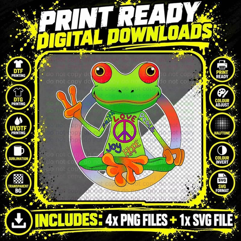Hippie Frog Peace, Sign Yoga Frogs Hippies 70s Png SVG Digital Bundle
