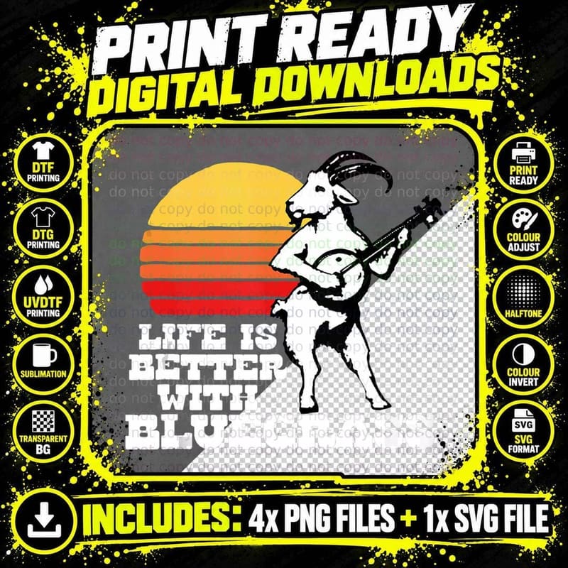 Life Is So Much Better With Bluegrass Sweet Goat Banjo Png SVG Digital Bundle