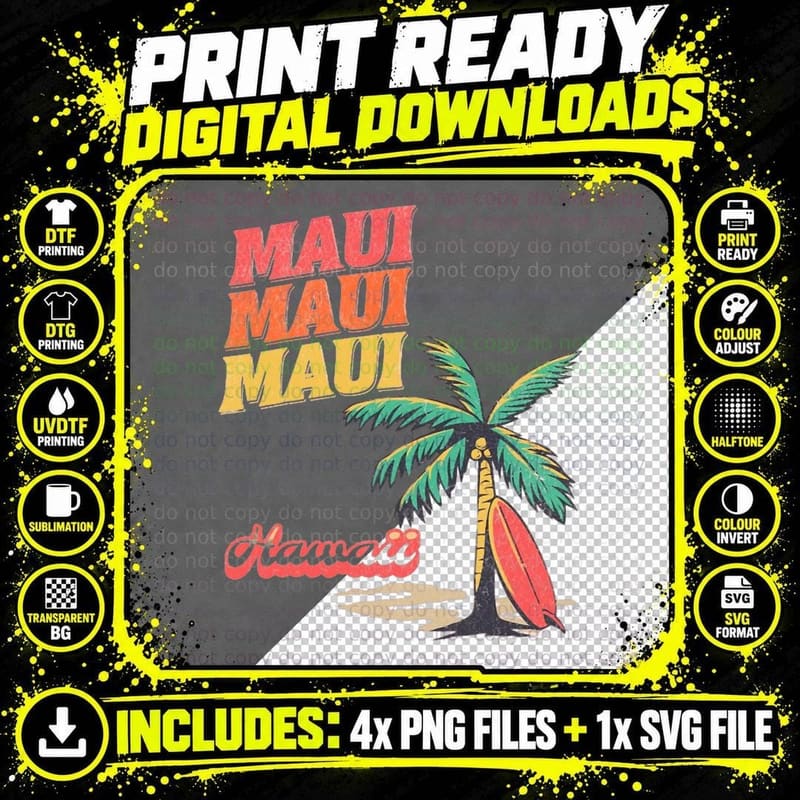 Maui Hawaii Vintage Retro Surfboards Surfing T-Shirt Png SVG Digital Bundle