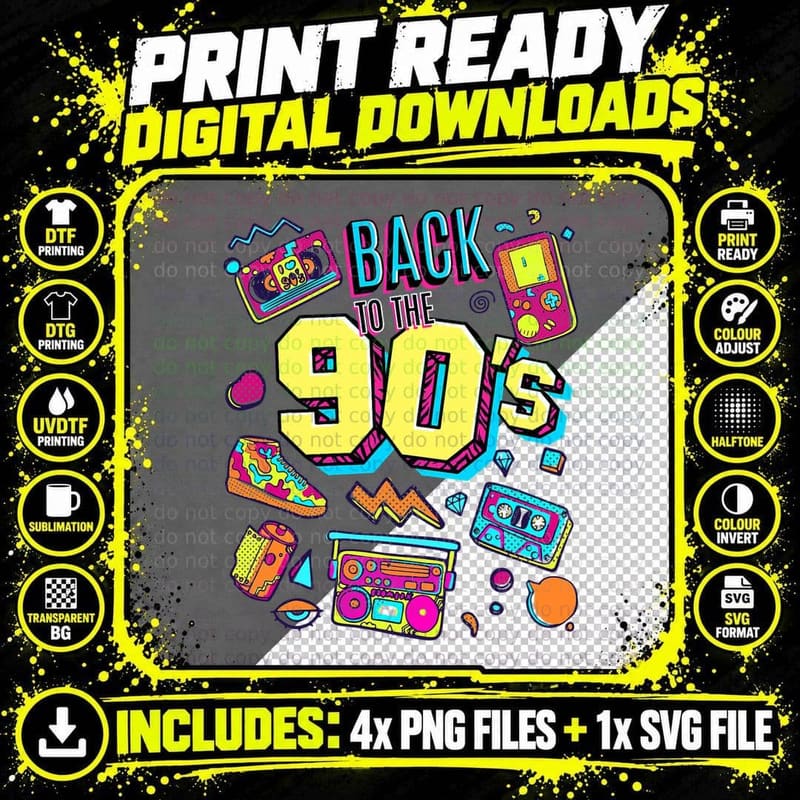 Men's Kids Vintage Retro Back to 90's Graphic Design Png SVG Digital Bundle