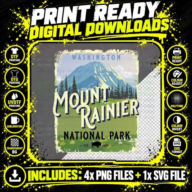 Mount Rainier National Park Washington WA Vintage Png SVG Digital Bundle