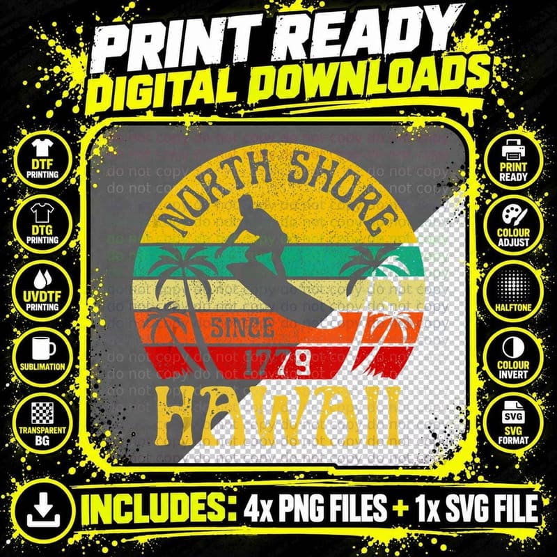 North Shore Beach Hawaii Surfing Surfer Ocean Vintage Png SVG Digital Bundle