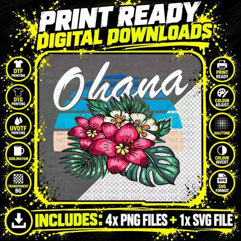 Ohana Hawaiian Family Vintage Retro Hawaii Hibiscus Png SVG Digital Bundle
