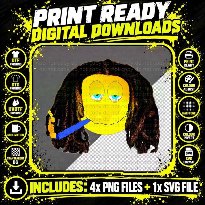 Rasta Smoking a Spliff - Smiling Emoji Png SVG Digital Bundle