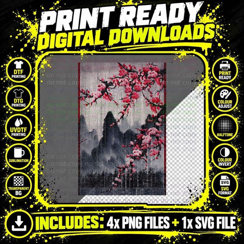 Vintage Cherry Blossom Woodblock Tee Japanese Graphical Png SVG Digital Bundle