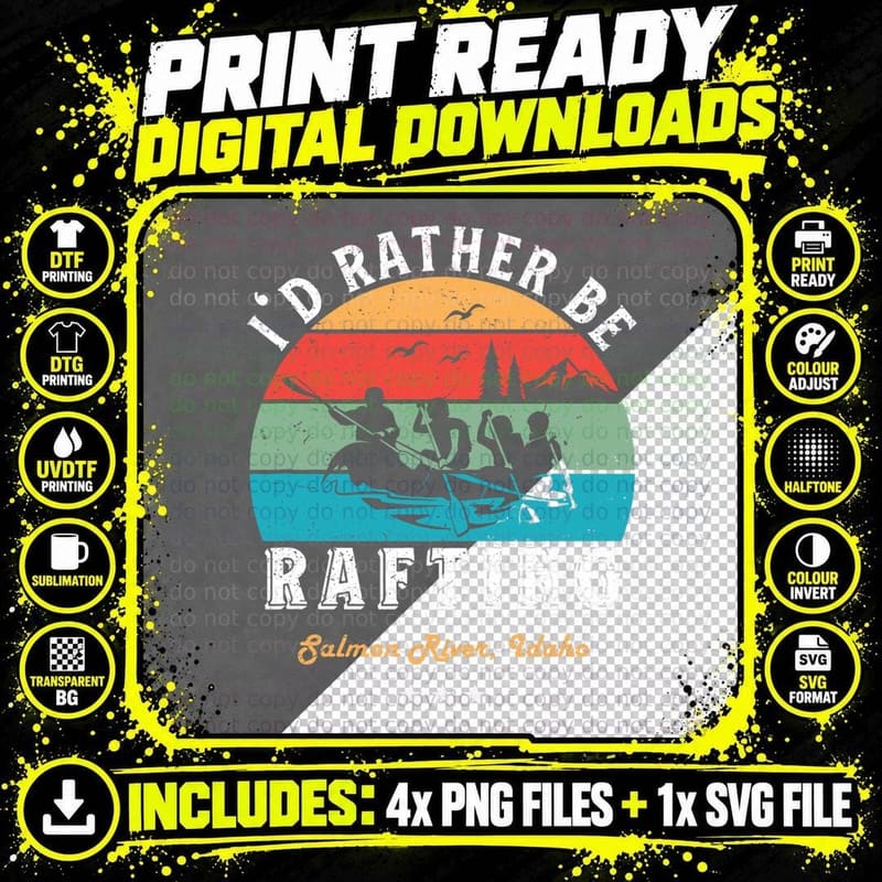 Vintage Retro I'd Rather Be Water Rafting Salmon River Png SVG Digital Bundle