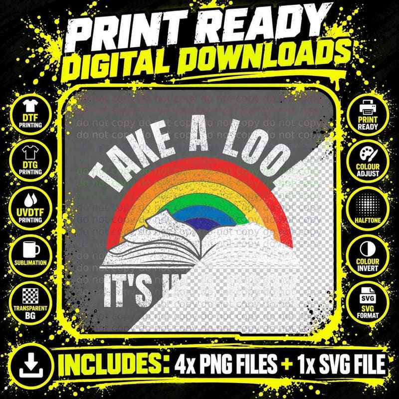 Vintage Retro Rainbow Take a Look It's in a Book Reading Png SVG Digital Bundle