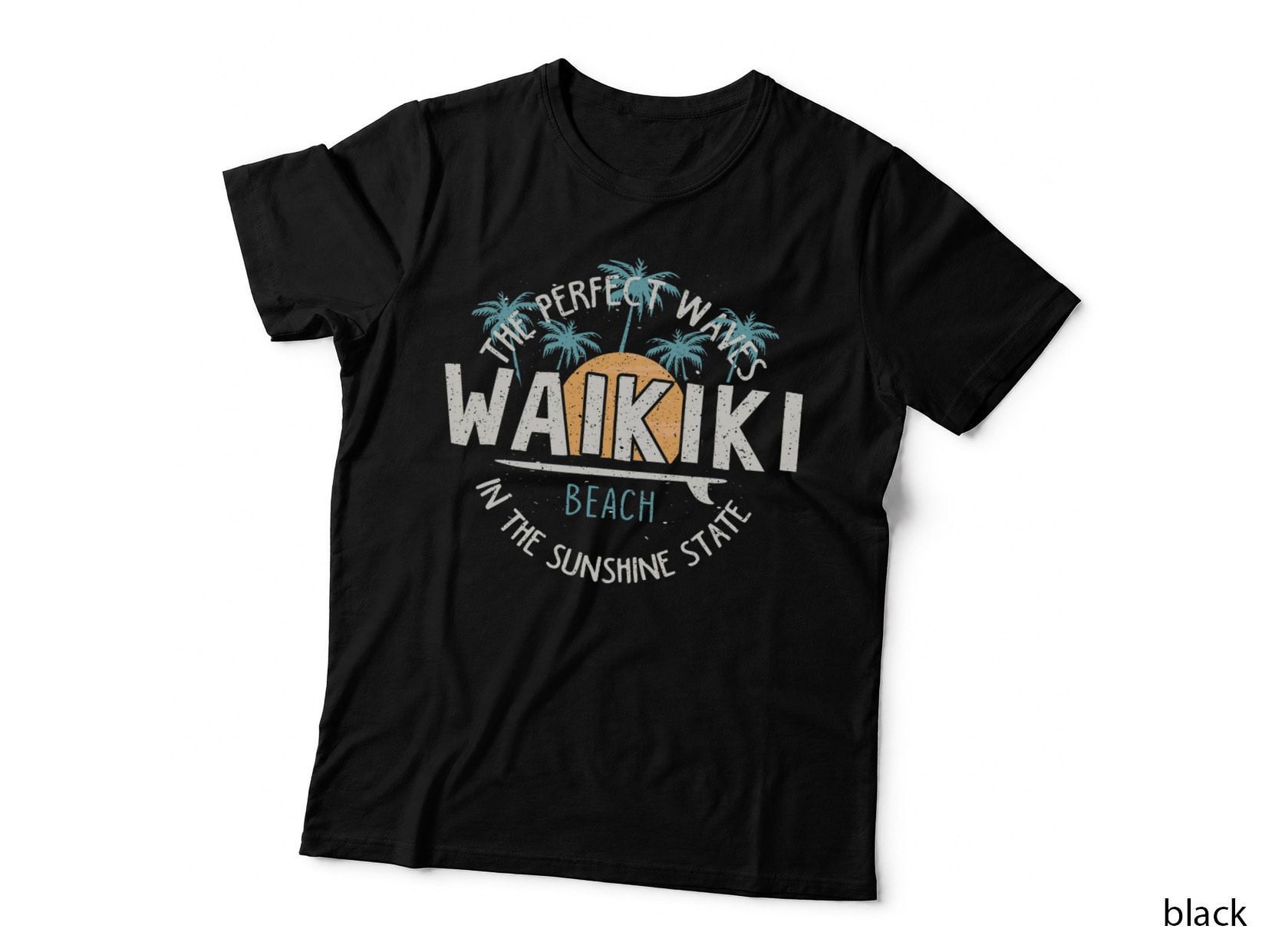 Vintage Sunset Palm Tree Waikiki Hawaii Surfing Vacation T-Shirt
