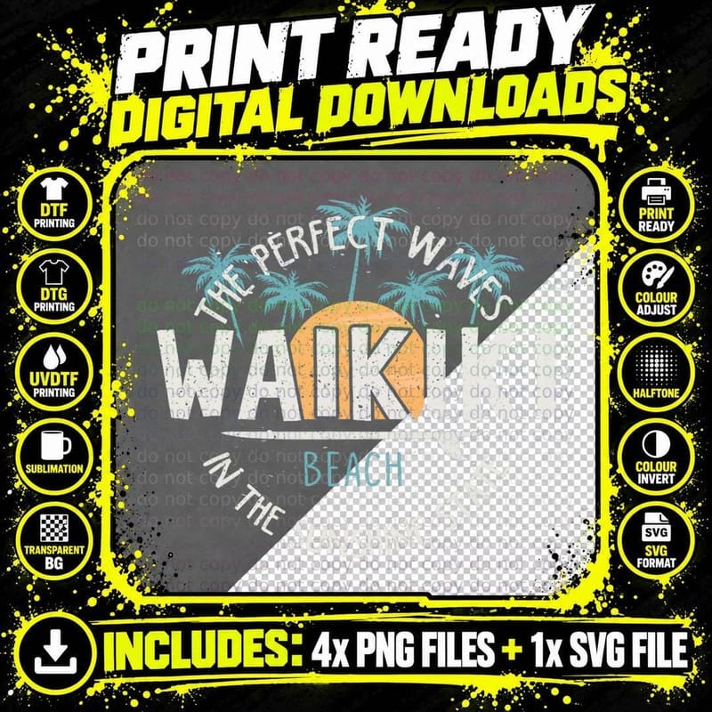 Vintage Sunset Palm Tree Waikiki Hawaii Surfing Vacation Png SVG Digital Bundle