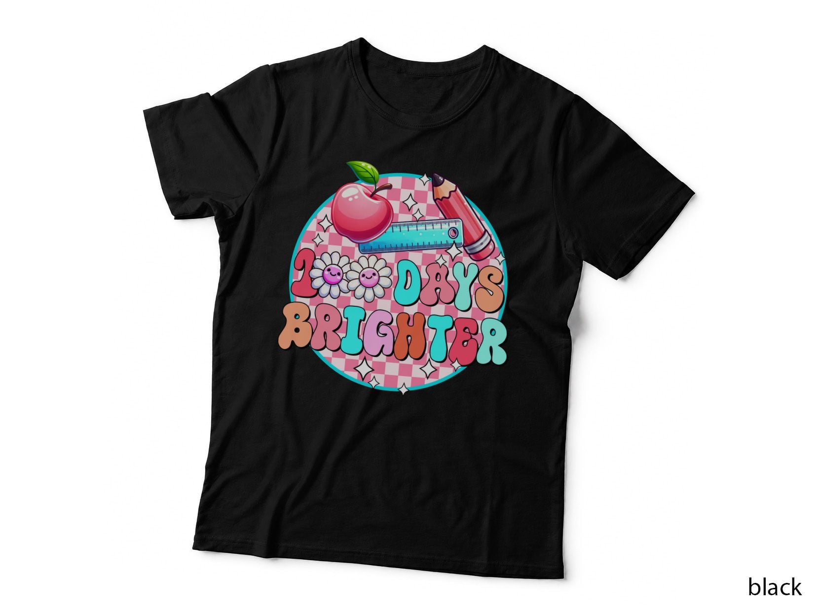100 Days Brighter Back to School T-Shirt, School Supplies on Pink Checkered