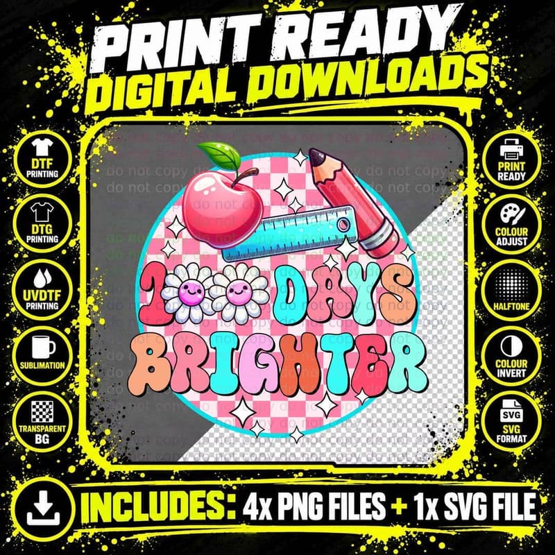 100 Days Brighter Back to School T-Shirt Png SVG Digital Bundle