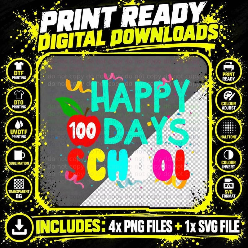100 Days School T-Shirt, Colorful Celebration Design Png SVG Digital Bundle