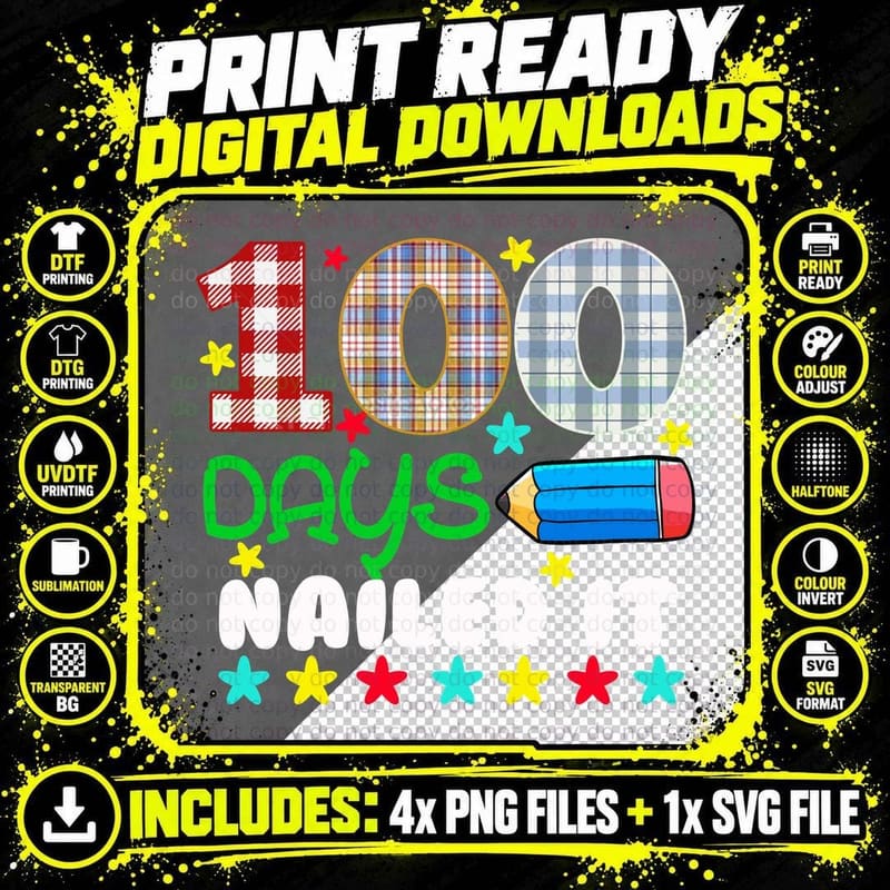 100 Days School T-Shirt, Plaid Pattern Design Png SVG Digital Bundle