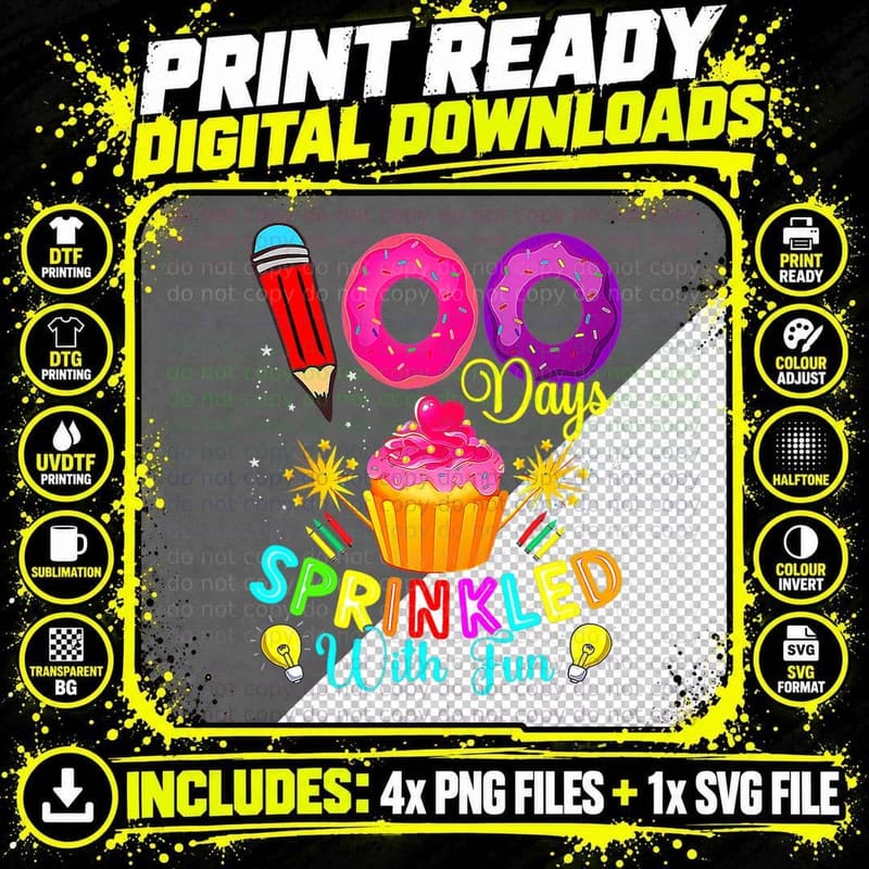 100 Days Sprinkled with Fun Cupcake 100th Day of School Png SVG Digital Bundle