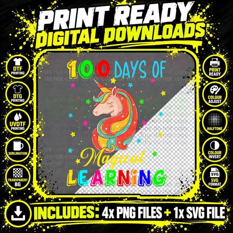 100 Days of Magical Learning Unicorn T-Shirt Png SVG Digital Bundle