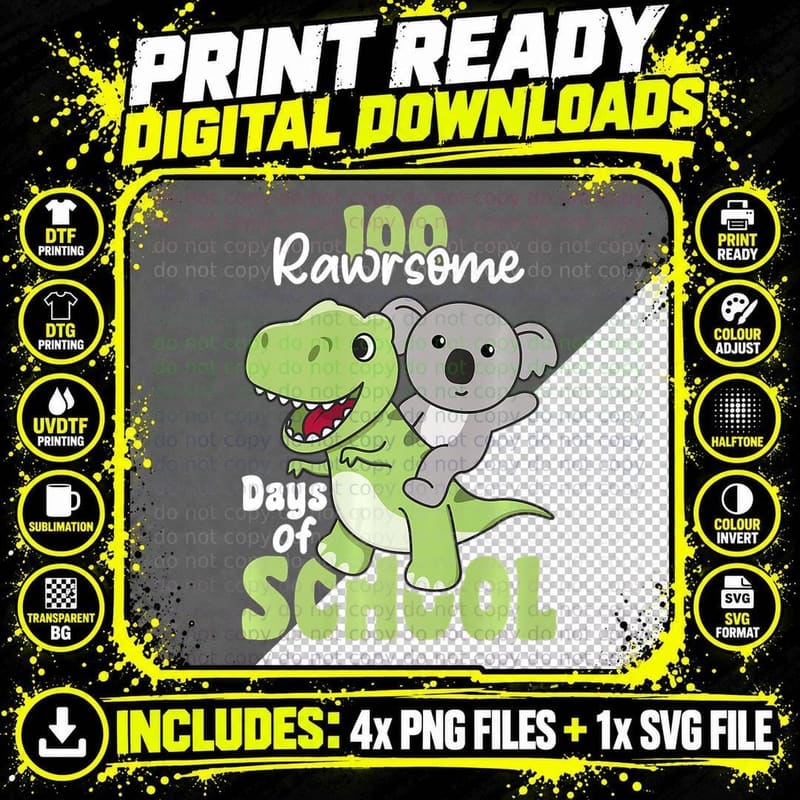 100 Rawsome Days of School Koala Trex Png SVG Digital Bundle