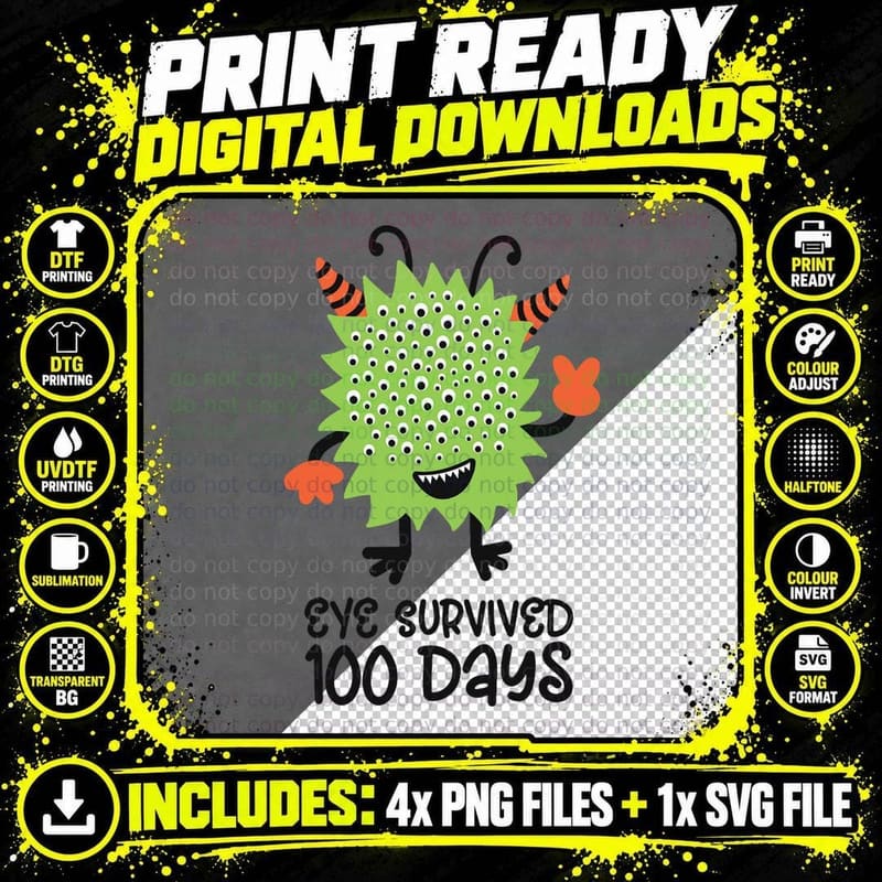 100th Day of School Monster Boys Kids Eye Survived 100 Png SVG Digital Bundle