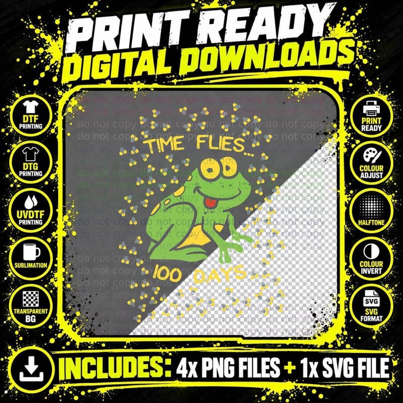 100th Day of School Shirt 100 Days Time Flies Frog Png SVG Digital Bundle