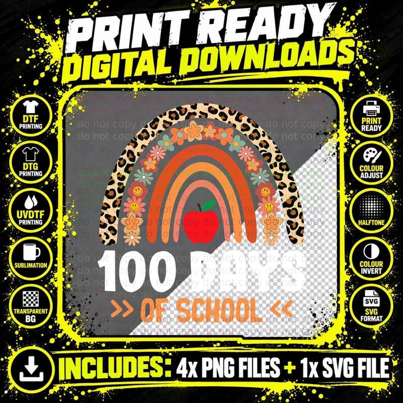 100th Day of School Teachers Kids Rainbow Happy 100 Days Png SVG Digital Bundle