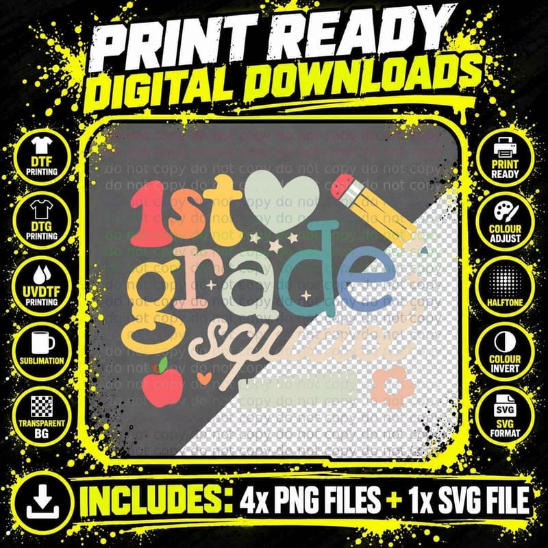 1st First Grade Squad Shirt Back to School Teachers Png SVG Digital Bundle