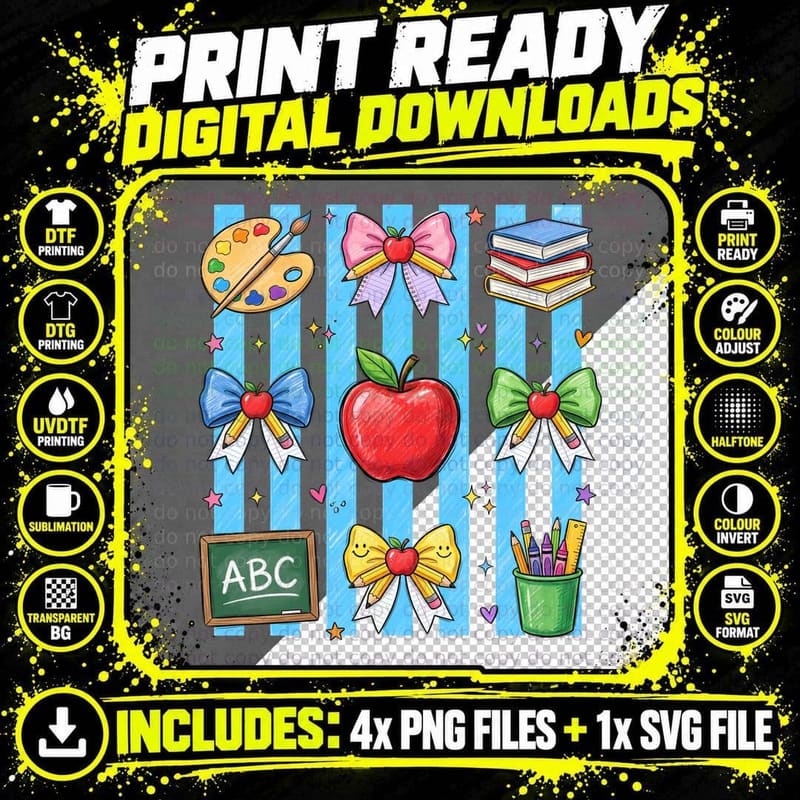 Abc Back to School T-Shirt, School Supplies & Bows Png SVG Digital Bundle