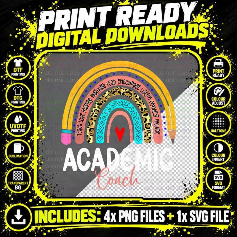 Academic Coach Leopard Rainbow Back to School T-Shirt Png SVG Digital Bundle