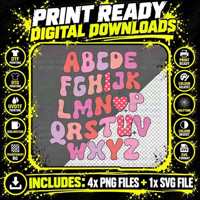 Alphabet Design Abcdefghijklmnopqrstuvwxyz Pink Red Png SVG Digital Bundle