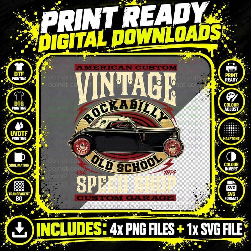 American Custom Vintage Rockabilly Old School Speed Shop Png SVG Digital Bundle